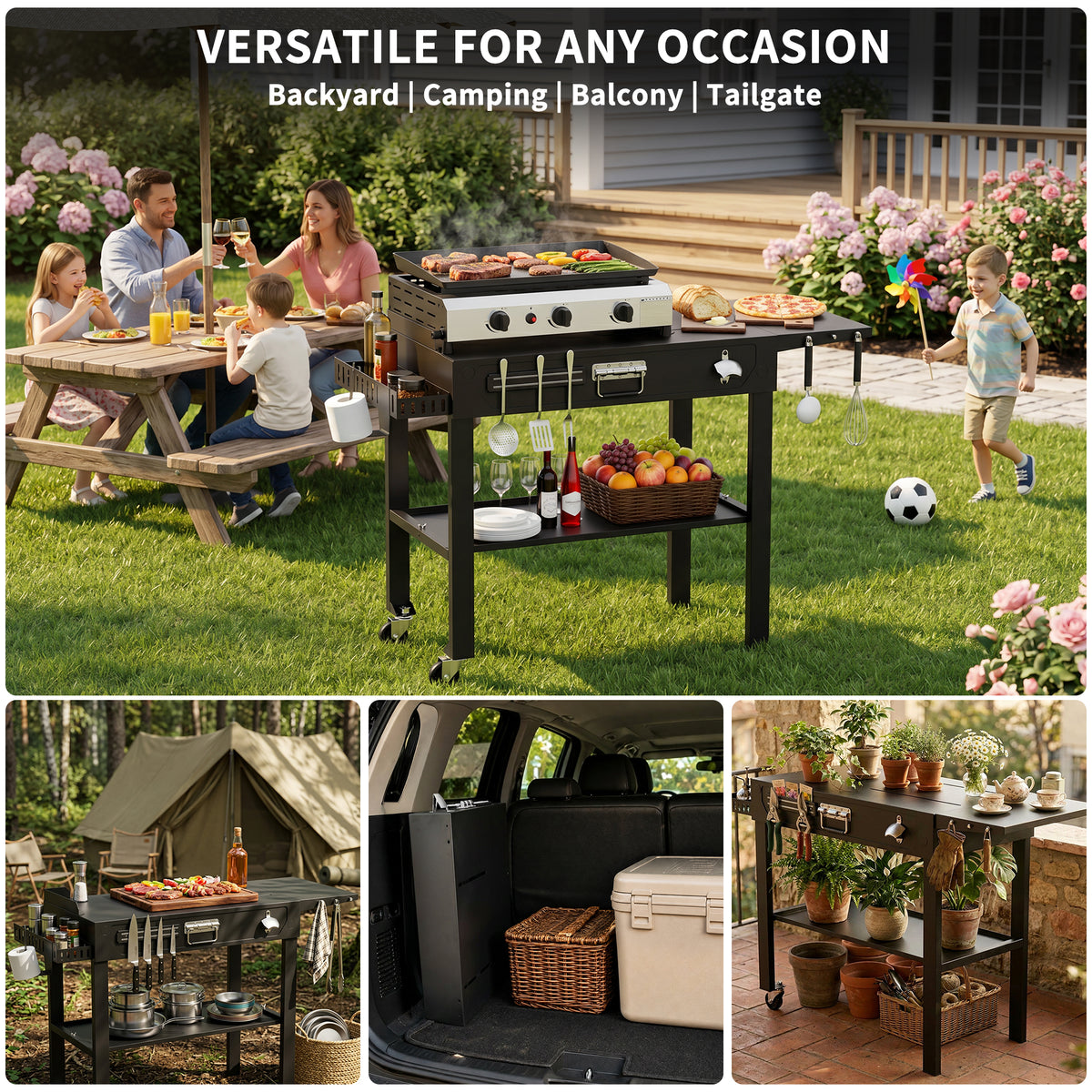 FLARO Portable Folding Grill Cart, Adjustable Griddle Stand 14.4-30in, Heavy Duty BBQ Prep Table with Wheels, Black
