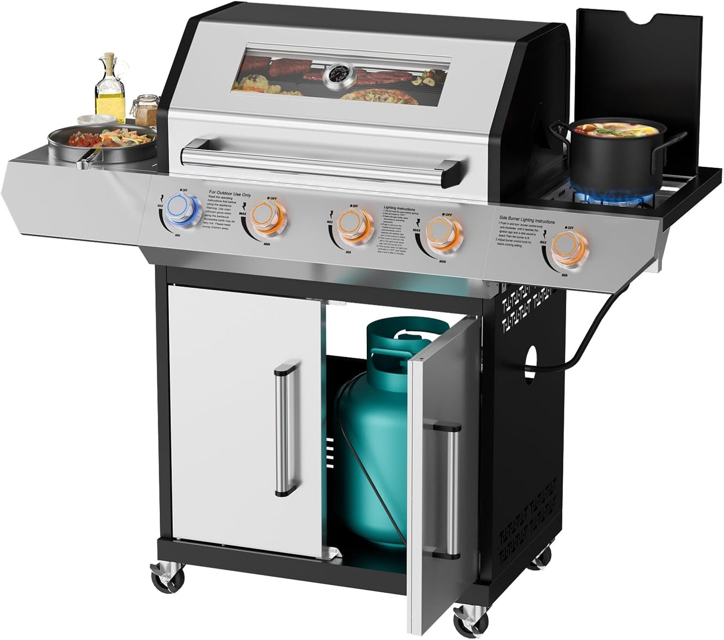 SKOK 4-Burner Gas Grill with Side Burner & Porcelain-Enameled Cast Iron Grates, Visual Glass Panel, 60,000 BTU, 629 sq. in. Cooking Area & LED Light Knobs for Outdoor Cooking