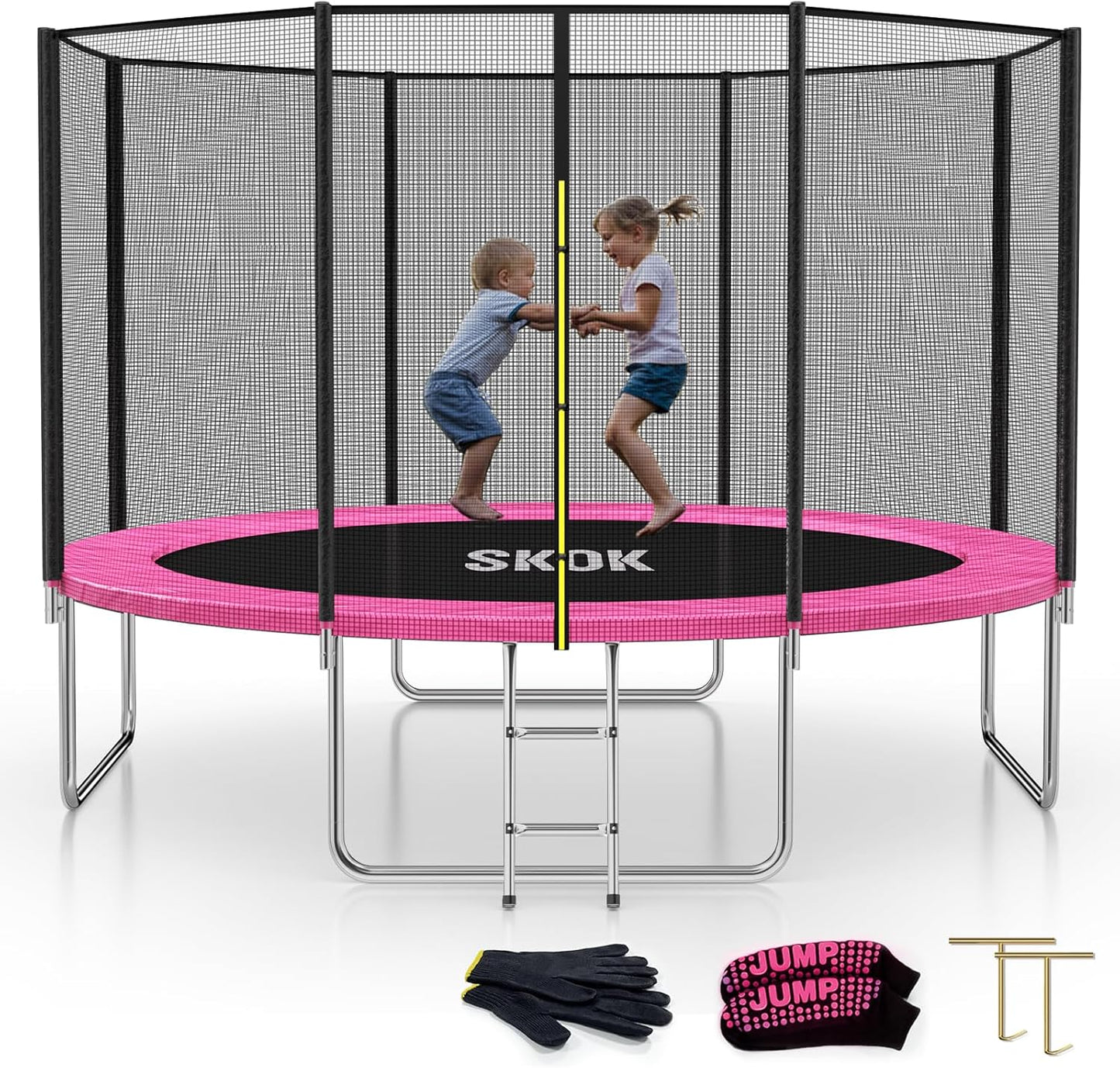 SKOK 12FT Trampoline with 800LBS Capacity and Ladder for Kids&Adults, Waterproof and Heavy Duty, Outdoor/Indoor, Pink