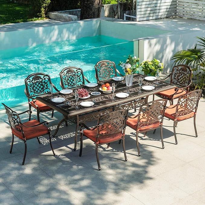 9-Piece Patio Furniture Dining Set, All-Weather Cast Aluminum Outdoor Table and Chairs for 8, Includes 88¡¯¡¯Rectangular Dining Table & 8 Stackable Cushioned Dining Chairs, Red