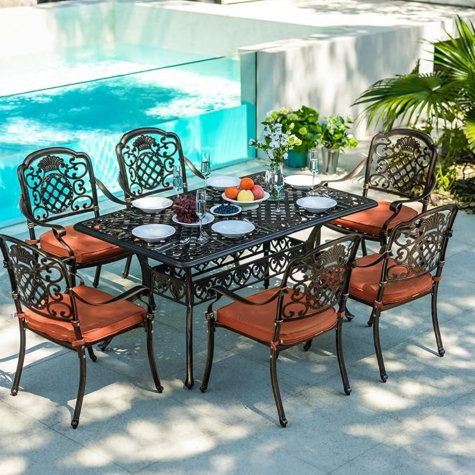 6-Person Outdoor Dining Set, Cast Aluminum Table & 6 Chairs, 60¡¯¡¯, All-Weather Red
