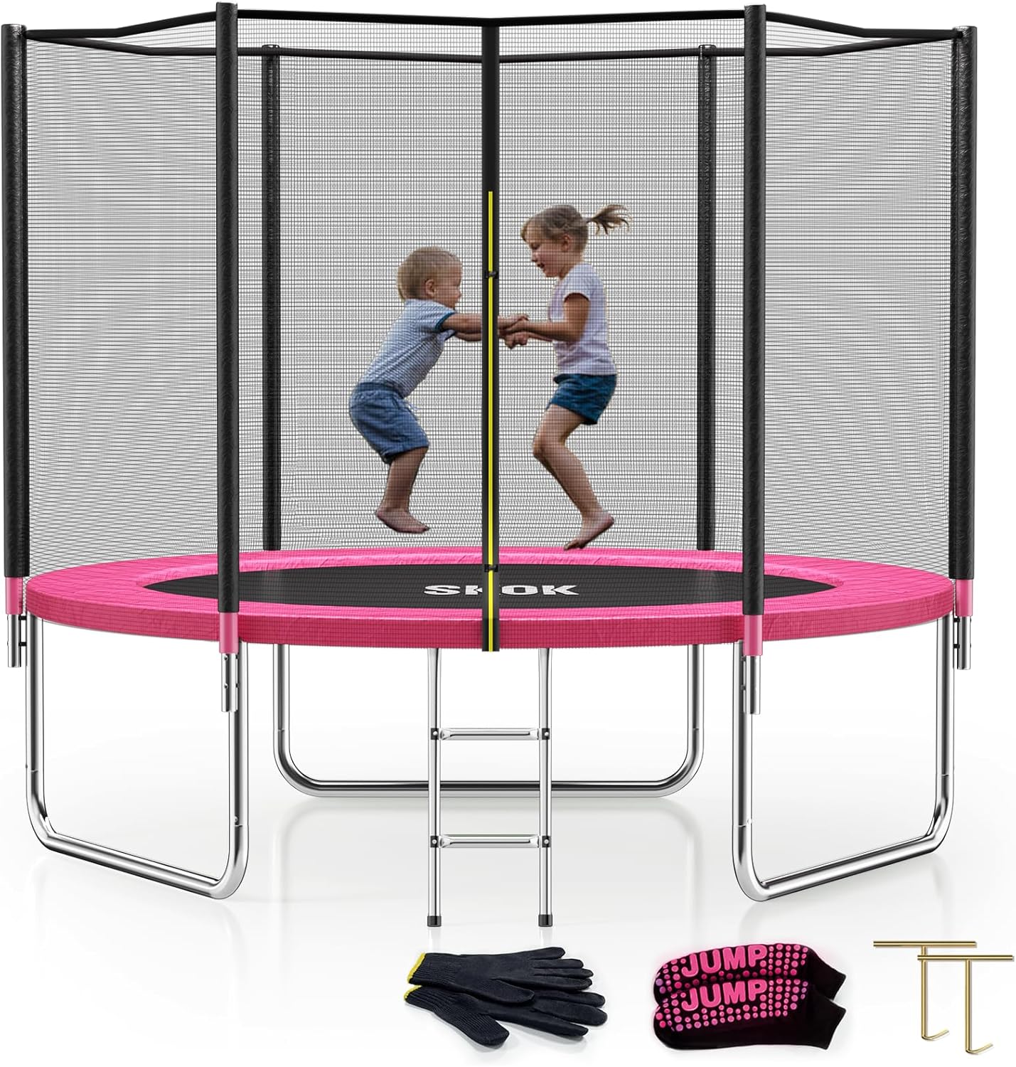 SKOK 10FT Trampoline with 600LBS Capacity and Ladder for Kids&Adults, Waterproof and Heavy Duty, Outdoor/Indoor, Pink