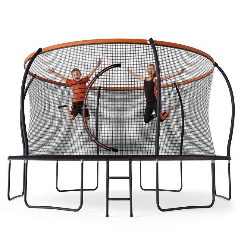 Trampoze 14FT Pumpkin Trampoline for Kids Adults, Backyard Round Trampoline with Moon Gate Arc Entry, Single Pole Smooth Top Rail, Heavy Duty Galvanized Steel Frame 330LB, Black Orange
