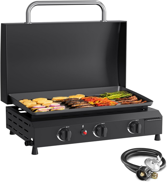 SKOK 3 Burner Gas Griddle,23.3''Outdoor Propane Griddle with Hood,Portable Flat Top Gas Grill for Camping