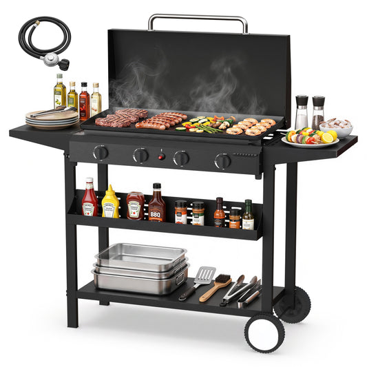 FLARO 4-Burner Propane Gas Griddle 60000 BTU Flat Top Grill with Hood Side Shelves Wheels Outdoor Bbq Camping Backyard Black