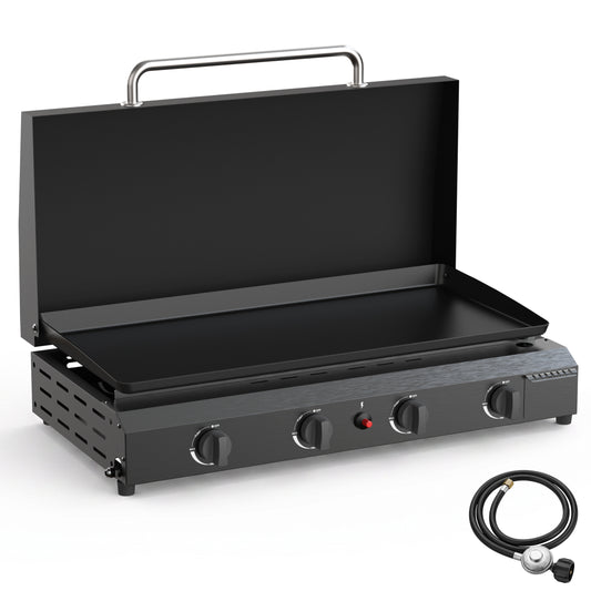 FLARO 30" 4-Burner Propane Griddle, 60000BTU Flat Top Gas Grill with Lid, Outdoor Bbq Camping Griddle, Black