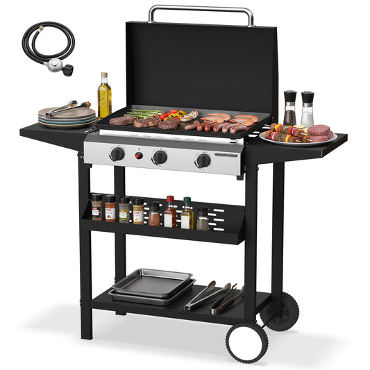 FLARO 3-Burner Propane Griddle 45000 BTU Flat Top Grill with Shelves & Cover, Silver
