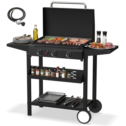 FLARO 3-Burner Propane Griddle 45000 BTU Flat Top Grill with Shelves & Cover, Black