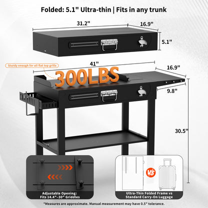FLARO Portable Folding Grill Cart, Adjustable Griddle Stand 14.4-30in, Heavy Duty BBQ Prep Table with Wheels, Black