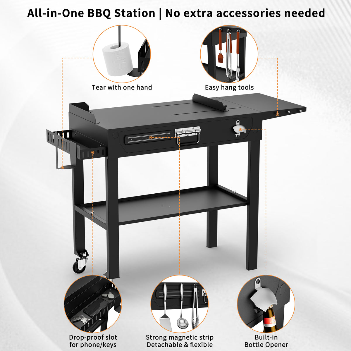 FLARO Portable Folding Grill Cart, Adjustable Griddle Stand 14.4-30in, Heavy Duty BBQ Prep Table with Wheels, Black