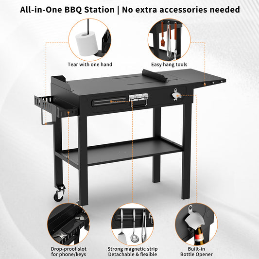 FLARO Portable Folding Grill Cart, Adjustable Griddle Stand 14.4-30in, Heavy Duty BBQ Prep Table with Wheels, Black