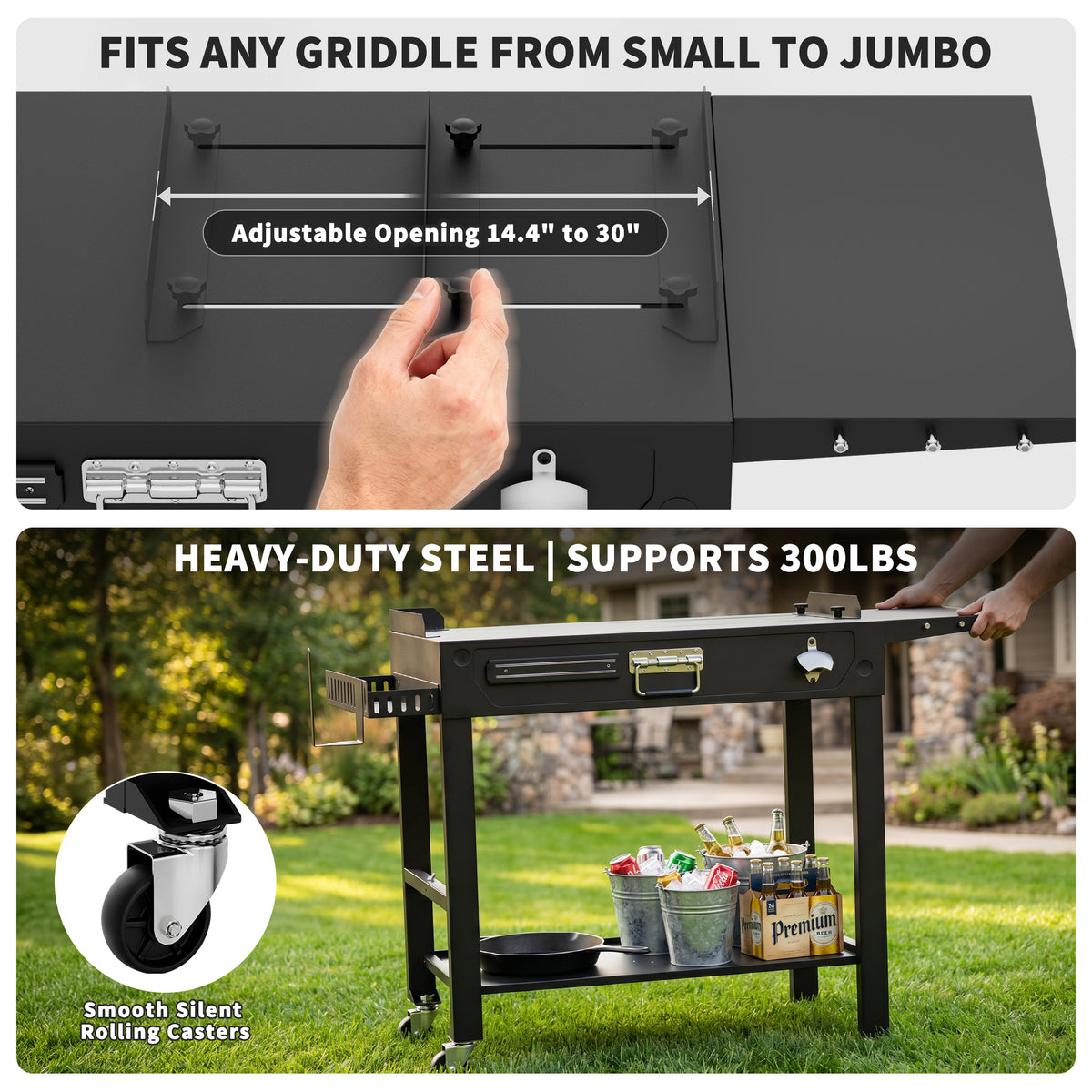 FLARO Portable Folding Grill Cart, Adjustable Griddle Stand 14.4-30in, Heavy Duty BBQ Prep Table with Wheels, Black