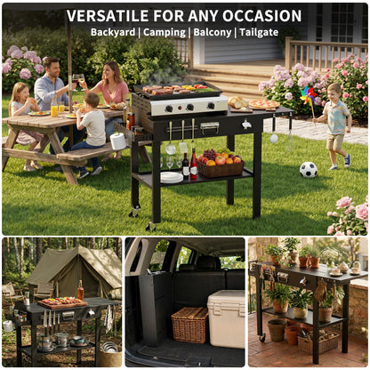 FLARO Portable Folding Grill Cart, Adjustable Griddle Stand 14.4-30in, Heavy Duty BBQ Prep Table with Wheels, Black