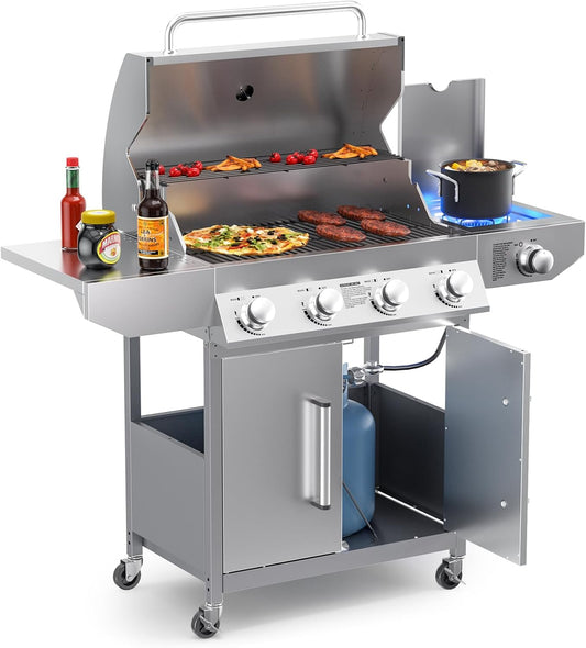 SKOK 4 Burner Propane Gas BBQ Grill with Side Burner, 43000 BTU Output for Outdoor Cooking Kitchen and Patio Backyard Barbecue