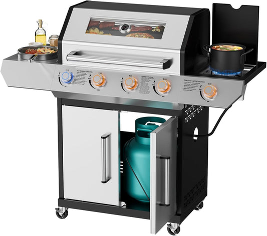 SKOK 4-Burner Gas Grill with Side Burner & Porcelain-Enameled Cast Iron Grates, Visual Glass Panel, 60,000 BTU, 629 sq.   in.   Cooking Area & LED Light Knobs for Outdoor Cooking