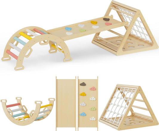 SKOK N in 1 Kids Climbing Playset, Toddler Wooden Play Arch with  Sliding and Climbing Ramp, Colorful