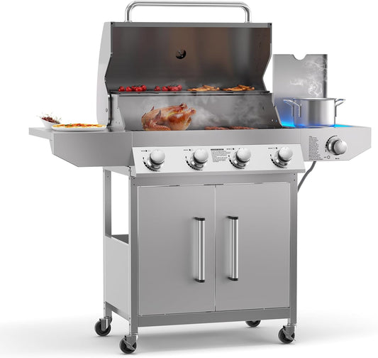 SKOK 4 Burner Propane Gas BBQ Grill with Side Burner, 43000 BTU Output for Outdoor Cooking Kitchen and Patio Backyard Barbecue