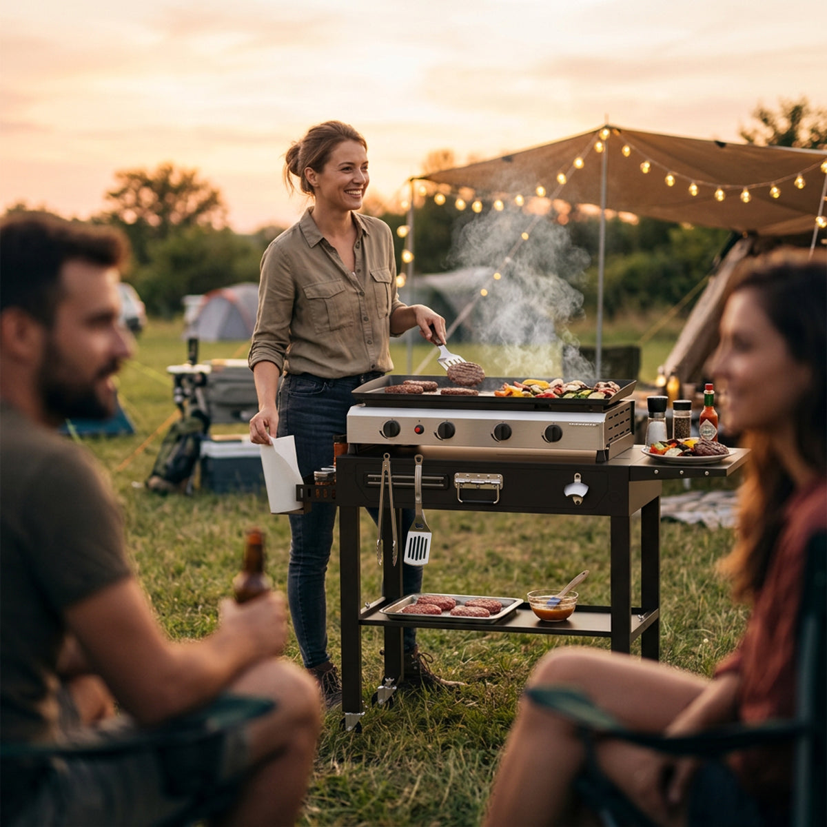 FLARO Portable Folding Grill Cart, Adjustable Griddle Stand 14.4-30in, Heavy Duty BBQ Prep Table with Wheels, Black