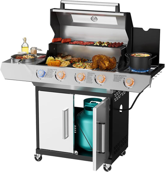 SKOK 4-Burner Gas Grill with Side Burner & Porcelain-Enameled Cast Iron Grates, Visual Glass Panel, 60,000 BTU, 629 sq.   in.   Cooking Area & LED Light Knobs for Outdoor Cooking