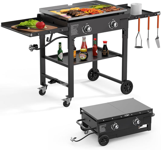 SKOK Outdoor Foldable Propane Flat Top Gas Griddle, 30000 BTU Propane Fuelled, 2 Burners Table Top Griddle Station with Side Shelves