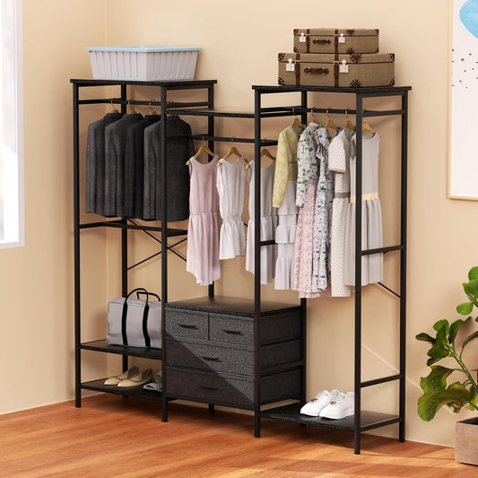 SKOK Open 3 Clothes Rack Wardrobe Closet with Metal Frame and Wood Top, 4 Drawers for Living Room, Bedroom, Black