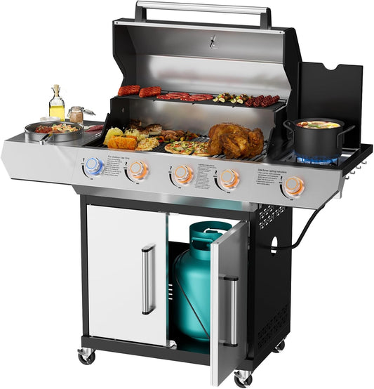 SKOK 4-Burner Gas Grill with Side Burner & Porcelain-Enameled Cast Iron Grates, 60,000 BTU, 629 sq.  in.  Cooking Area & LED Light Knobs for Outdoor Cooking
