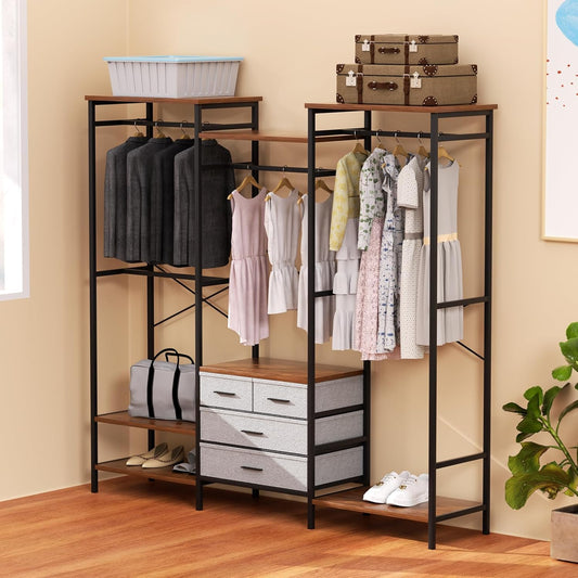 SKOK Open 3 Clothes Rack Wardrobe Closet with Metal Frame and Wood Top, 4 Drawers for Living Room, Bedroom, Brown