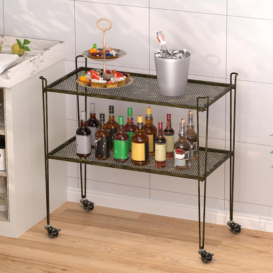 SKOK Bronze Double-Tier All-Iron Bar Cart with Wheels for Kitchen, Living Room, Party