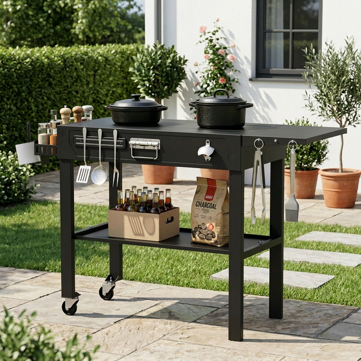 FLARO Portable Folding Grill Cart, Adjustable Griddle Stand 14.4-30in, Heavy Duty BBQ Prep Table with Wheels, Black
