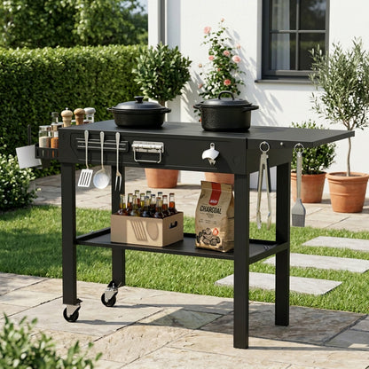 FLARO Portable Folding Grill Cart, Adjustable Griddle Stand 14.4-30in, Heavy Duty BBQ Prep Table with Wheels, Black