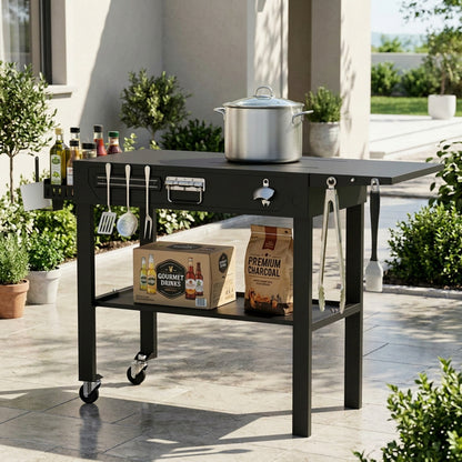 FLARO Portable Folding Grill Cart, Adjustable Griddle Stand 14.4-30in, Heavy Duty BBQ Prep Table with Wheels, Black