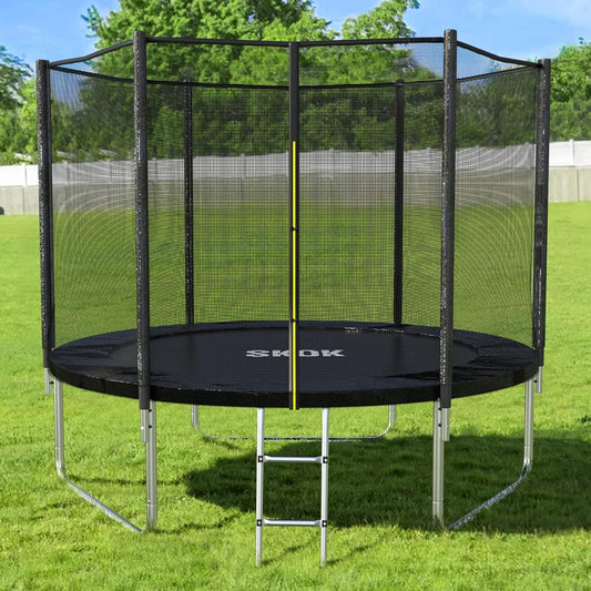 SKOK Trampoline 10FT with Enclosure Net, 400LBS Outdoor Trampolines for Kids and Adults with Ladder