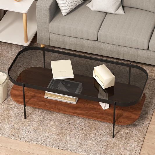 SKOK 2-Tier Brown Coffee Table with Glass Top for Home, Office, Living Room