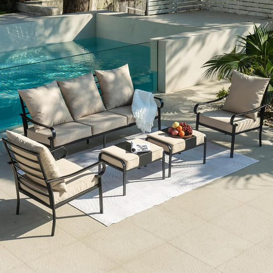 SKOK 5-Piece Metal Frame Patio Furniture Set with Fixed Chairs and Multi-Functional Ottoman, Beige