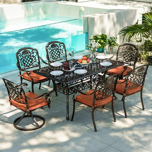 7-Piece Patio Furniture Dining Set, All-Weather Cast Aluminum Outdoor Table and Chairs for 6, Includes 4 Dining Chair & 2 Swivel Chairs & 60¡¯¡¯ Rectangular Table, Red