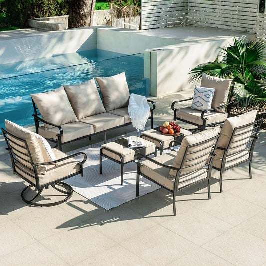 SKOK 7-Piece Metal Frame Patio Furniture Set with Swivel Rocking Chairs and Ottoman, Beige