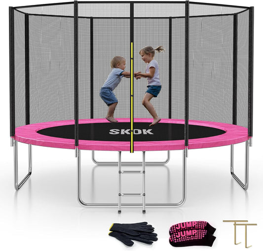SKOK 12FT Trampoline with 800LBS Capacity and Ladder for Kids&Adults, Waterproof and Heavy Duty, Outdoor/Indoor, Pink