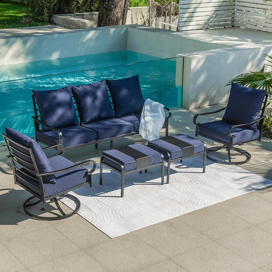 SKOK 5-Piece Metal Frame Patio Furniture Set with Swivel Rocking Chairs and Multi-Functional Ottoman, Navy Blue