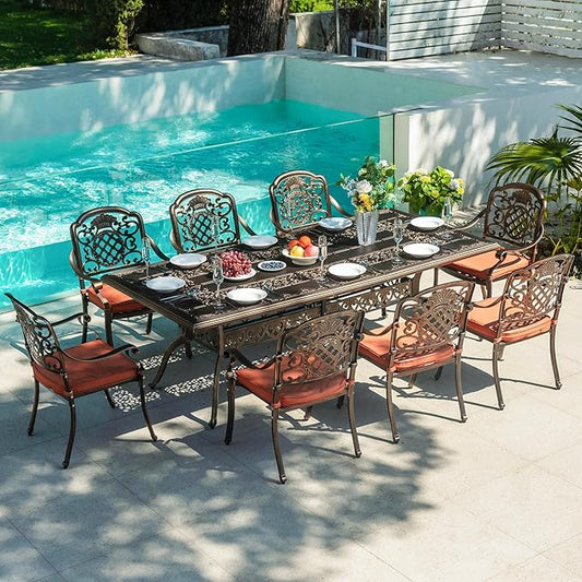9-Piece Patio Furniture Dining Set, All-Weather Cast Aluminum Outdoor Table and Chairs for 8, Includes 88¡¯¡¯Rectangular Dining Table & 8 Stackable Cushioned Dining Chairs, Red