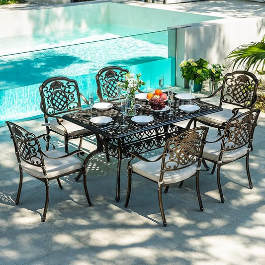 6-Person Outdoor Dining Set, Cast Aluminum Table & 6 Chairs, 60¡¯¡¯, All-Weather Beige
