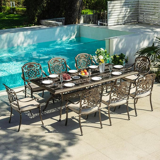 9-Piece Patio Furniture Dining Set, All-Weather Cast Aluminum Outdoor Table and Chairs for 8, Includes 88¡¯¡¯Rectangular Dining Table & 8 Stackable Cushioned Dining Chairs, Beige