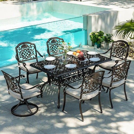 7-Piece Patio Furniture Dining Set, All-Weather Cast Aluminum Outdoor Table and Chairs for 6, Includes 4 Dining Chair & 2 Swivel Chairs & 60¡¯¡¯ Rectangular Table, Beige