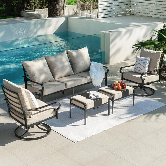 SKOK 5-Piece Metal Frame Patio Furniture Set with Weatherproof Outdoor Conversation Sets with Cushions, Beige