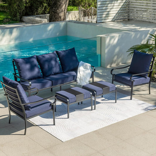 SKOK 5-Piece Metal Frame Patio Furniture Set with Fixed Chairs and Multi-Functional Ottoman, Navy Blue