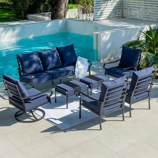 SKOK 7-Piece Metal Frame Patio Furniture Set with Swivel Rocking Chairs and Multi-Functional Ottoman, Navy Blue