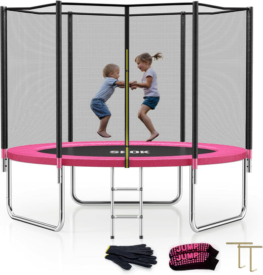 SKOK 8FT Trampoline with 400LBS Capacity and Ladder for Kids&Adults, Waterproof and Heavy Duty, Outdoor/Indoor, Pink