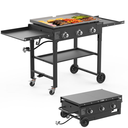 SKOK Foldable 3 Burners Gas Griddle-31.5''Outdoor Propane Griddle, Portable Flat Top Gas Grill -45000 BTU Propane Fuelled with Side Shelves