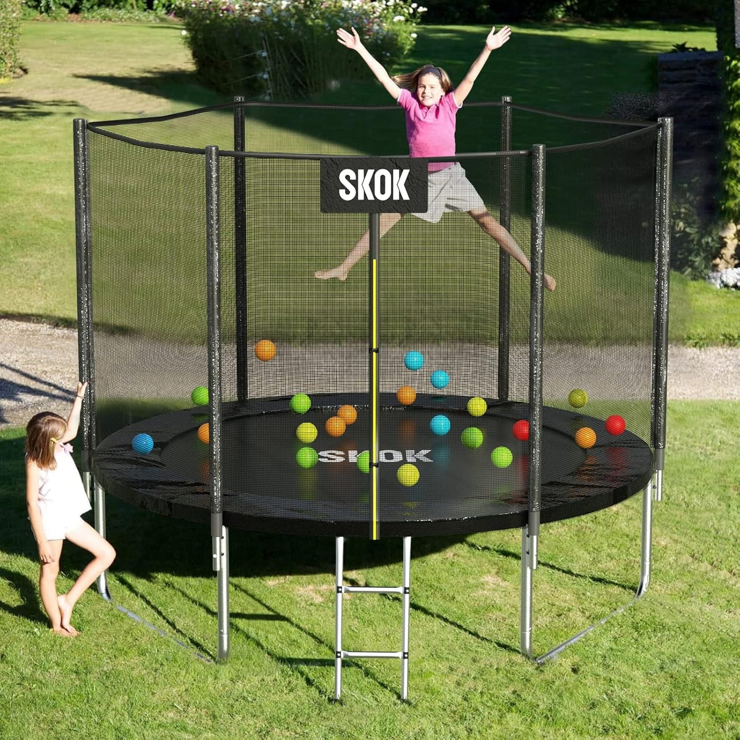 SKOK Trampoline 8FT with Enclosure Net, 400LBS Outdoor Trampolines for Kids and Adults with Ladder