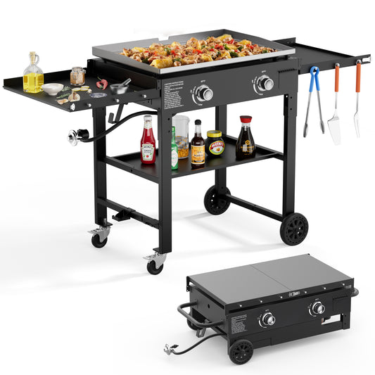 SKOK Outdoor Foldable Propane Flat Top Gas Griddle, 30000 BTU Propane Fuelled, 2 Burners Table Top Griddle Station with Side Shelves