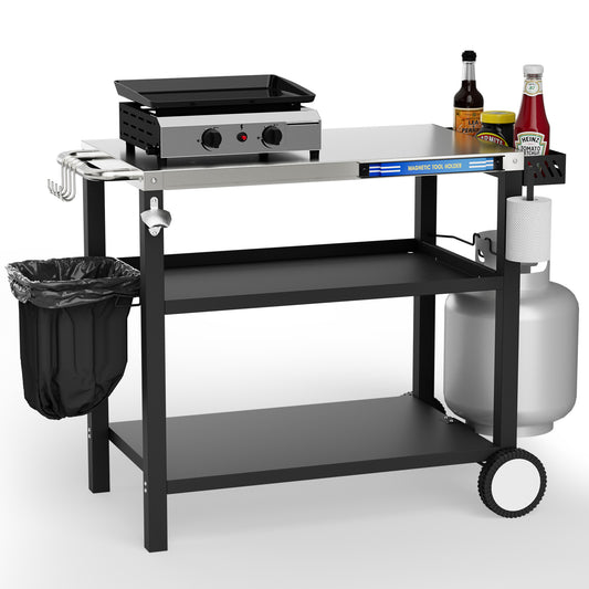 SKOK 3-Tier Stainless Steel Grill Cart w/Magnetic Top, Hooks & Propane Holder for BBQ, Camping, Patio